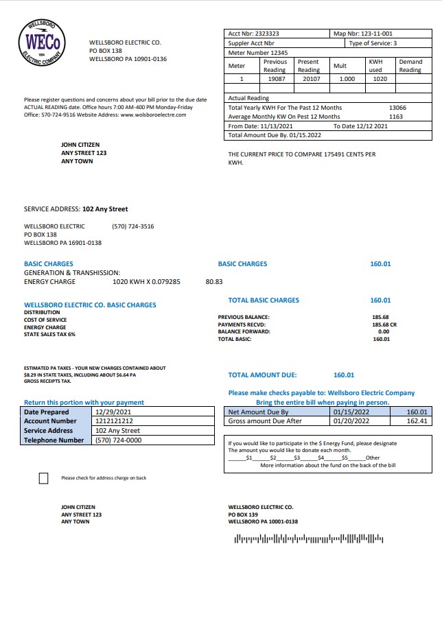 USA Pennsylvania Wellsboro Electric utility bill template in Word and PDF format
